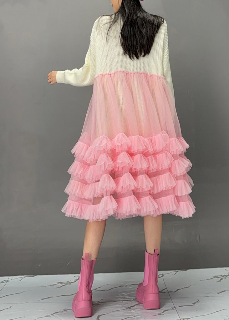 White O-neck Sequins Knit Patchwork Tulle Maxi Cake Dress Spring