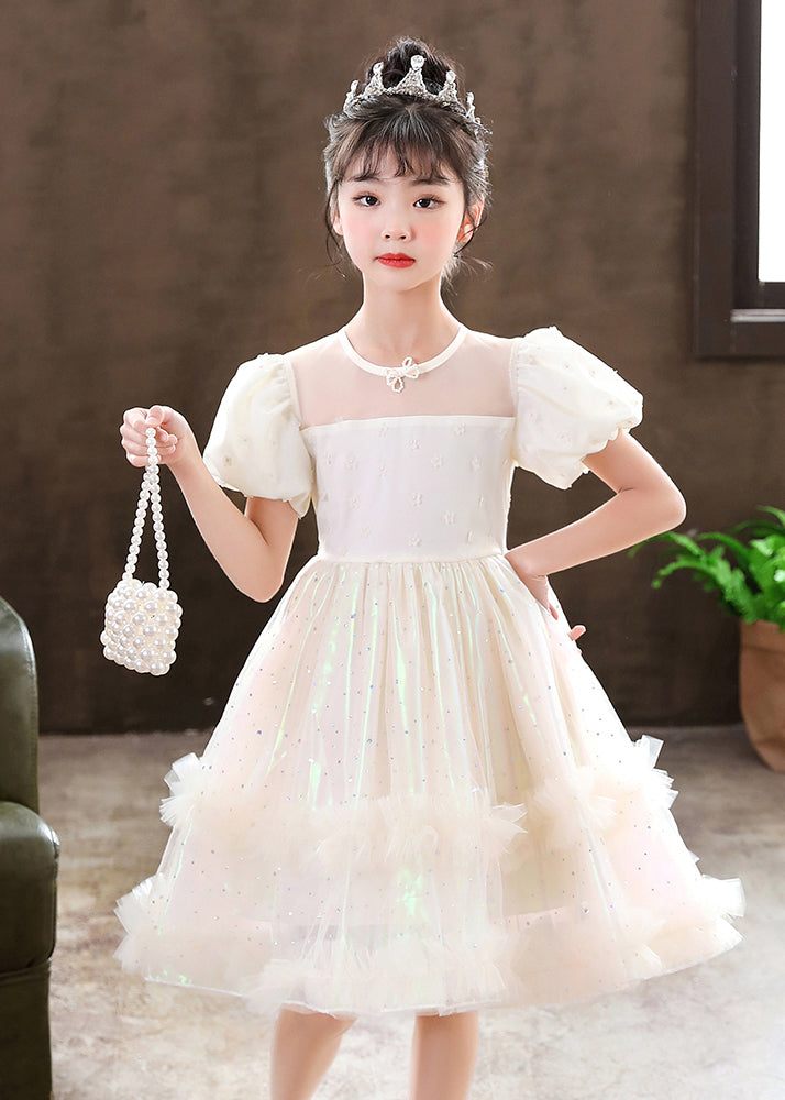 White Puff Sleeve Tulle Kids Dress Summer
