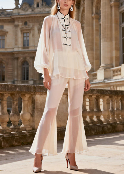 White Stand Collar Chiffon Shirts and Flared Trousers Two Pieces Set Lantern Sleeve