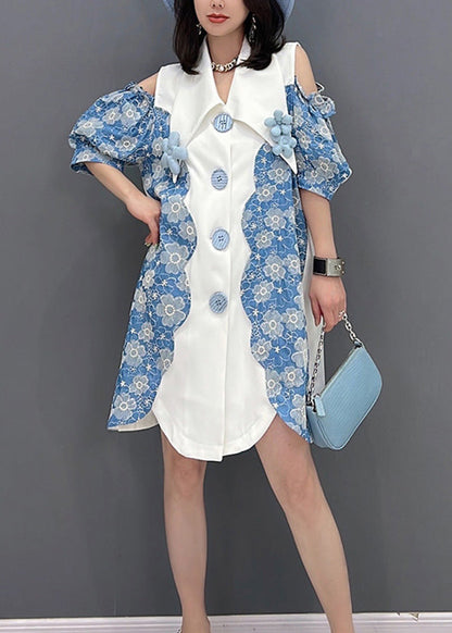 Blue Peter Pan Collar Print Button Shirts Mid Dress Sleeve