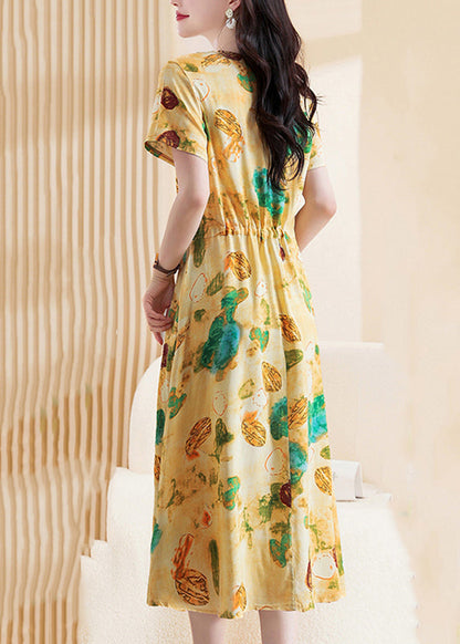 Yellow Print Tie Waist Maxi Dresses Short Sleeve
