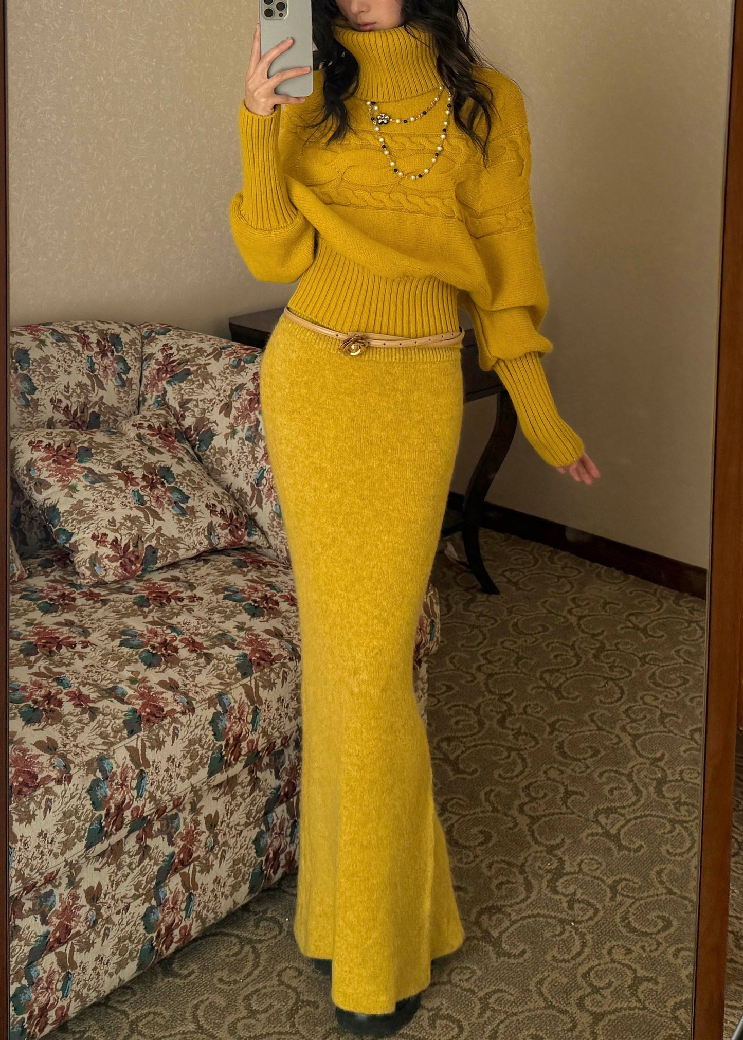 Yellow Turtleneck Patchwork Cotton Knit Sweater and Maxi Skirts Two Piece Set Spring
