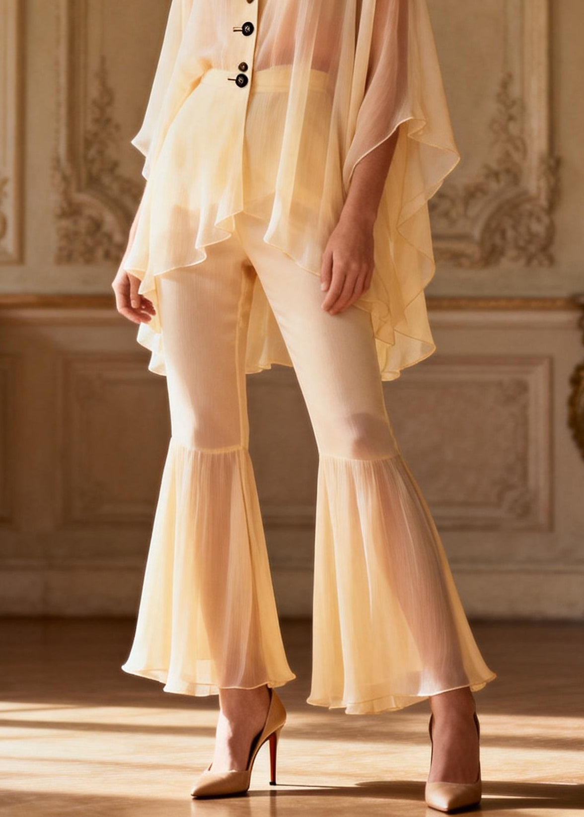 Yellow V Neck Button Patchwork Chiffon Shirts and Flared Trousers Two Pieces Set Spring
