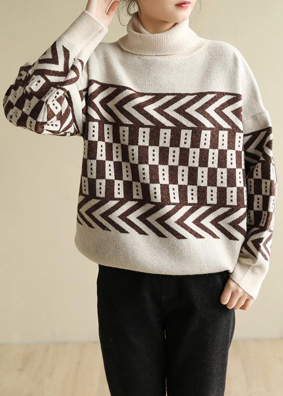 Beige Knitted Pullover Patchwork Oversized High Neck Sweaters