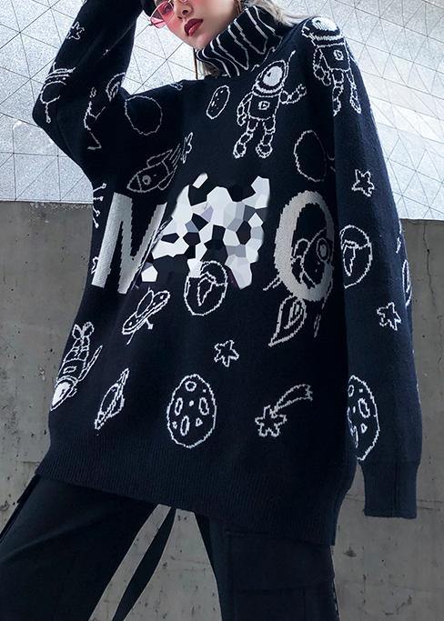 Black Cartoon Print Knitted T Shirt High Neck Knit Sweat Tops