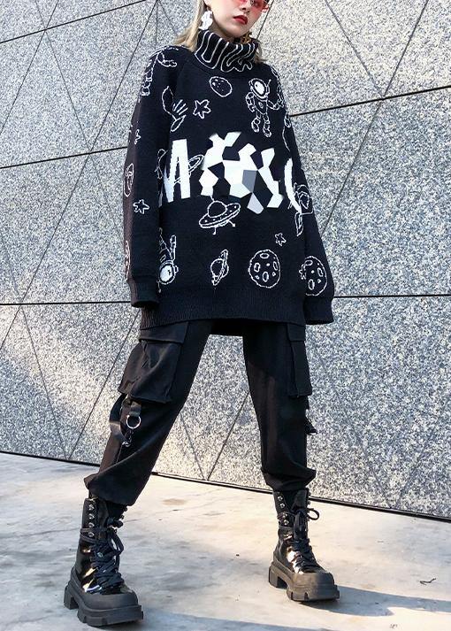 Black Cartoon Print Knitted T Shirt High Neck Knit Sweat Tops