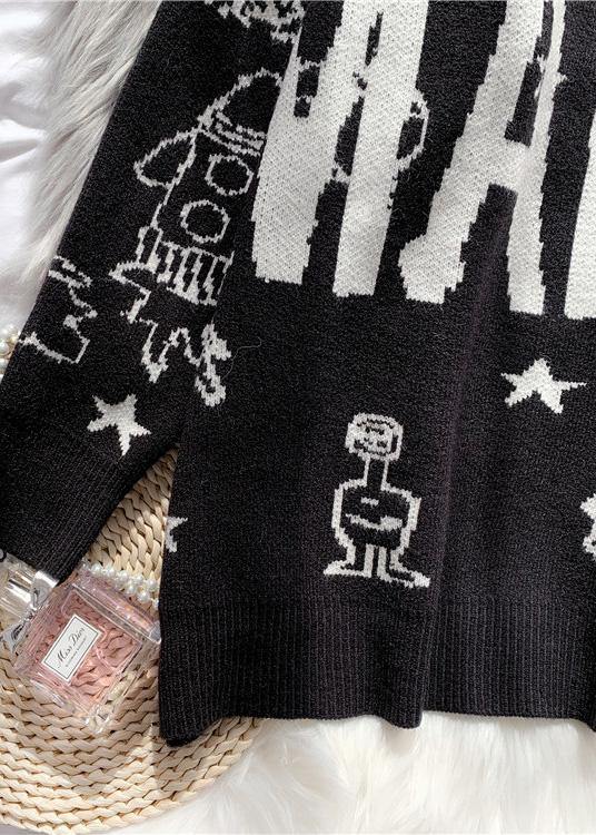Black Sweater Blouse High Neck Oversized Alphabet Print Knitted Blouse