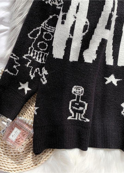 Black Sweater Blouse High Neck Oversized Alphabet Print Knitted Blouse