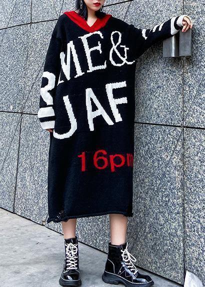 Black Sweater Dress Outfit Upcycle Alphabet Fuzzy Hooded Sweater Dress
