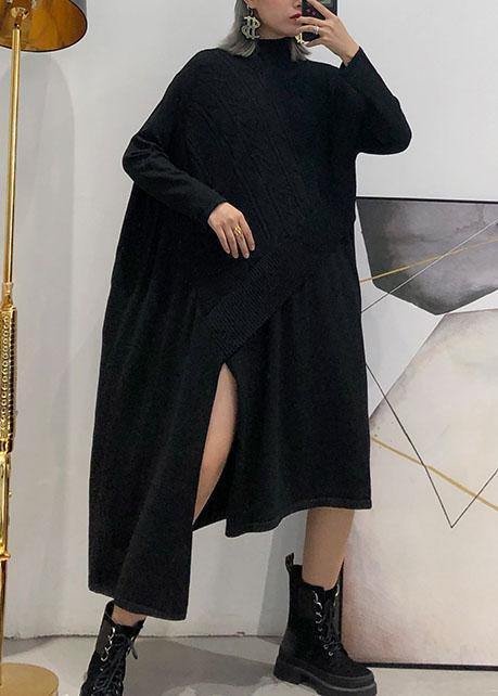 Black Sweater Dress Outfit Side Open Asymmetric Oversized Fall Knit Top