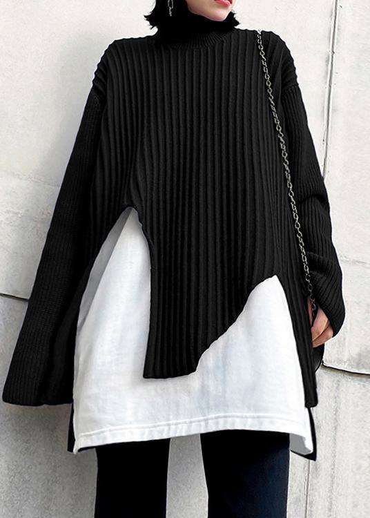Black Knit Tops O Neck False Two Pieces Oversize Knitted Blouse