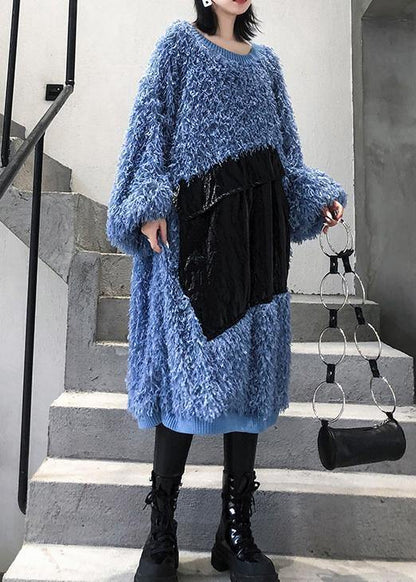 Blue Sweater Weather O Neck Tassel Big Sweater Dresses
