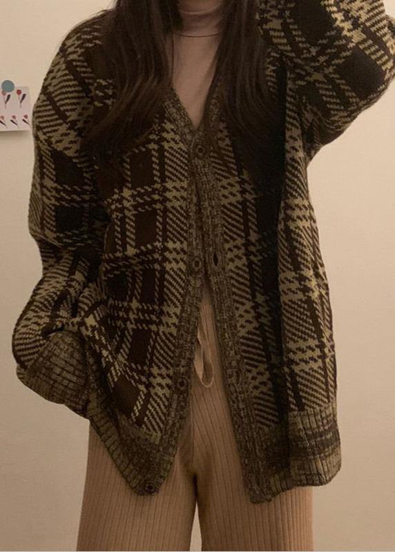 Brown Plaid Knit Cardigans Loose Fitting Winter Knit Outwear V Neck