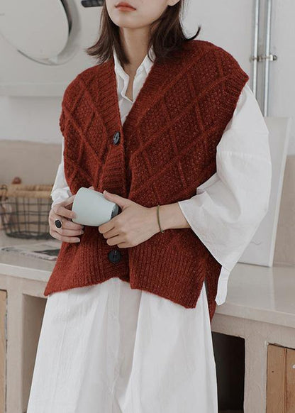 Burgundy Sweater Tops Loose Fitting Sleeveless Knitwear V Neck