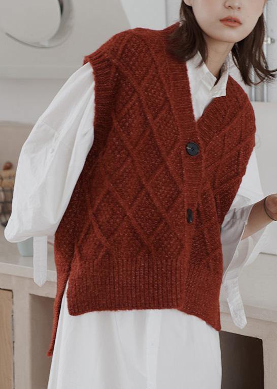 Burgundy Sweater Tops Loose Fitting Sleeveless Knitwear V Neck