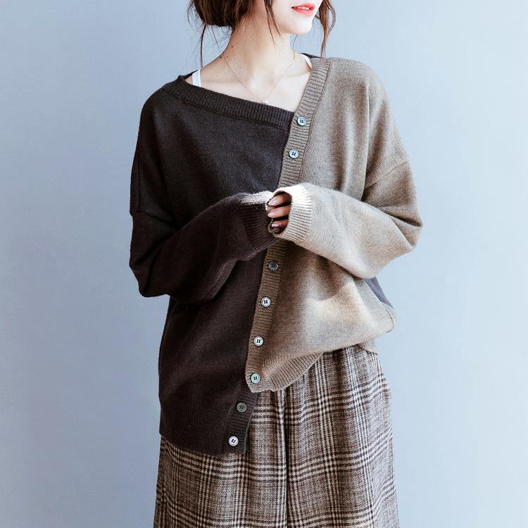 Fall Chocolate Knitted Blouse V Neck Patchwork Sweater Tops