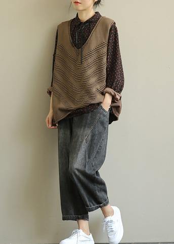 Fall Knit Outwear Brown V Neck Sleeveless Knitted Cardigans