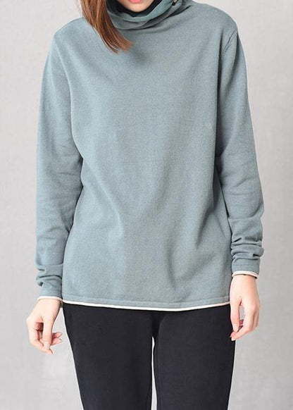 Long Sleeve Knit Tops High Neck Sweater Blue
