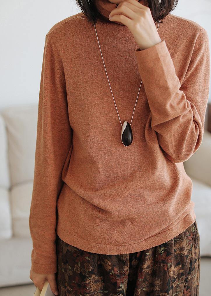Orange Knitted Pullover High Neck Loose Fitting Knitwear