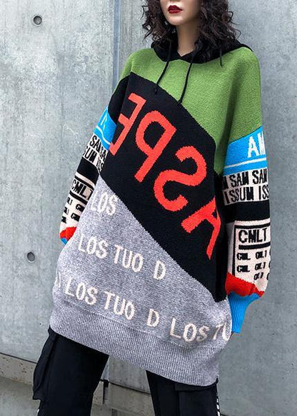 Winter Patchwork Prints Knitwear Hooded Knitted T Shirt