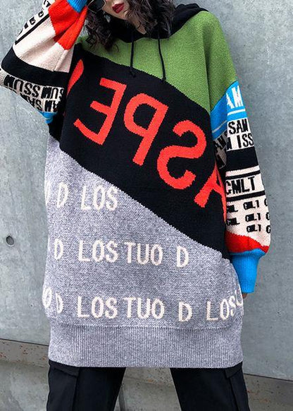 Winter Patchwork Prints Knitwear Hooded Knitted T Shirt