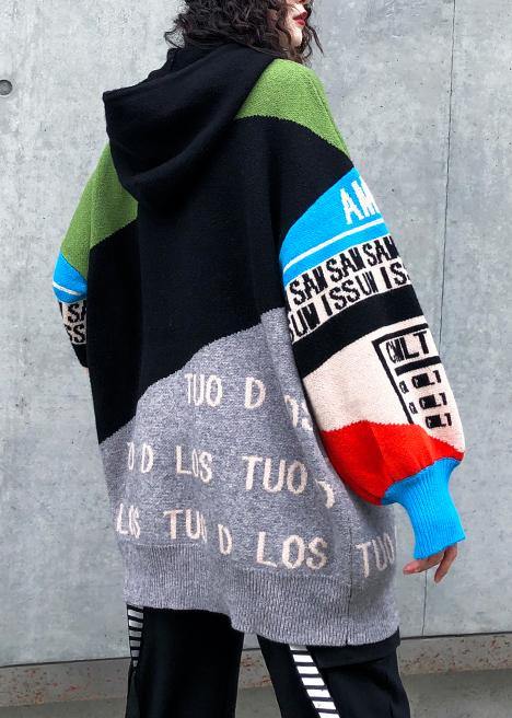 Winter Patchwork Prints Knitwear Hooded Knitted T Shirt
