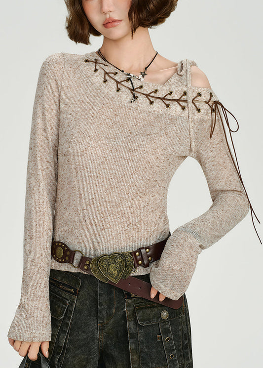 Diy Beige One Shoulder Cross Strap Knit Tops Spring