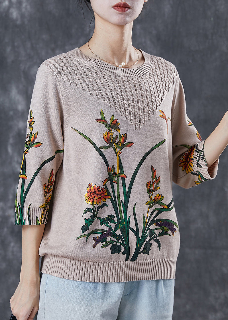 Diy Beige Oversized Print Knitted Tops Spring