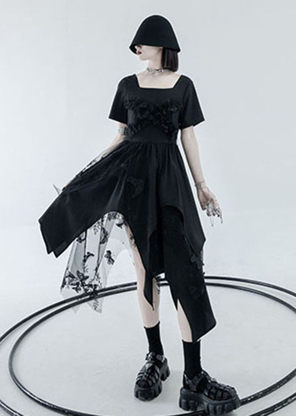 Diy Black Asymmetrical Design Tulle Patchwork Cotton Vacation Dress Summer