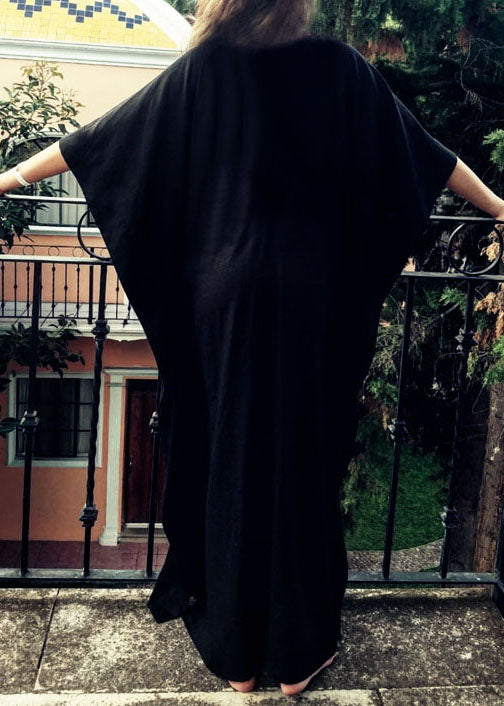 Diy Black Embroideried Batwing Sleeve Beach Gown Party Dress Summer