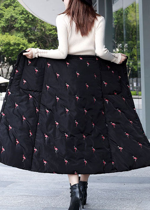Diy Black Embroideried Button Fine Cotton Filled Skirt Winter