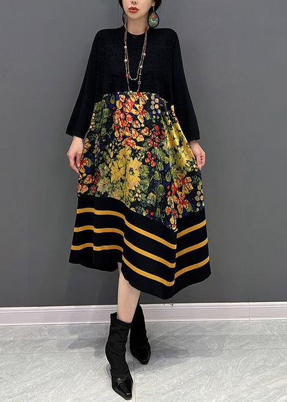 Diy Black O-neck Print Striped Patchwork Knit Long Dresses Fall