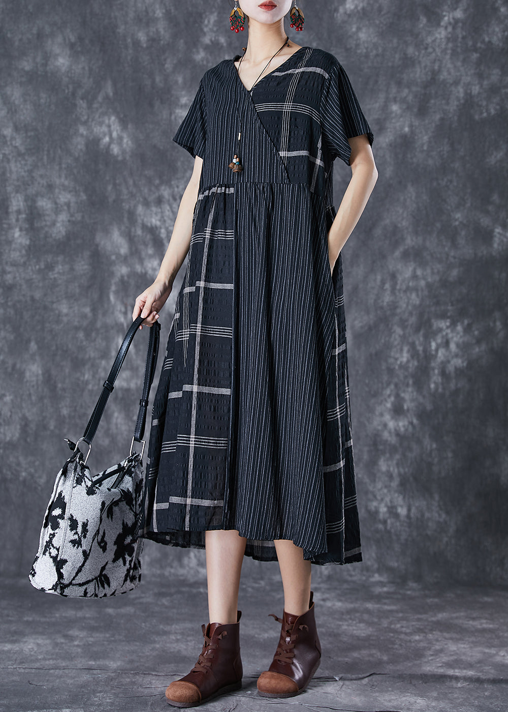 Diy Black Oversized Patchwork Linen Long Dress Summer