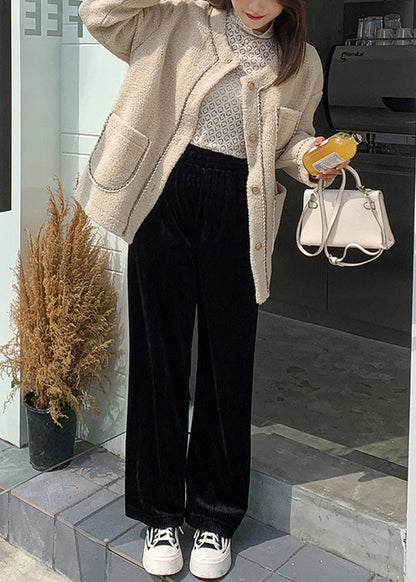 Diy Black Oversized Pockets Silk Velour Straight Pants Fall