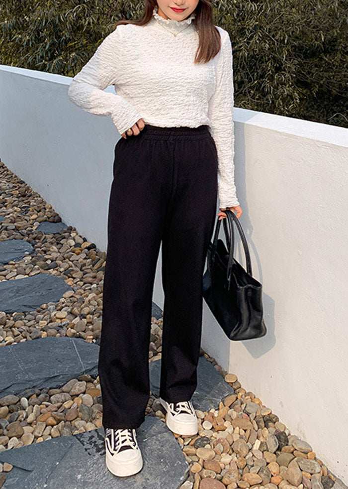 Diy Black Oversized Pockets Silk Velour Straight Pants Fall