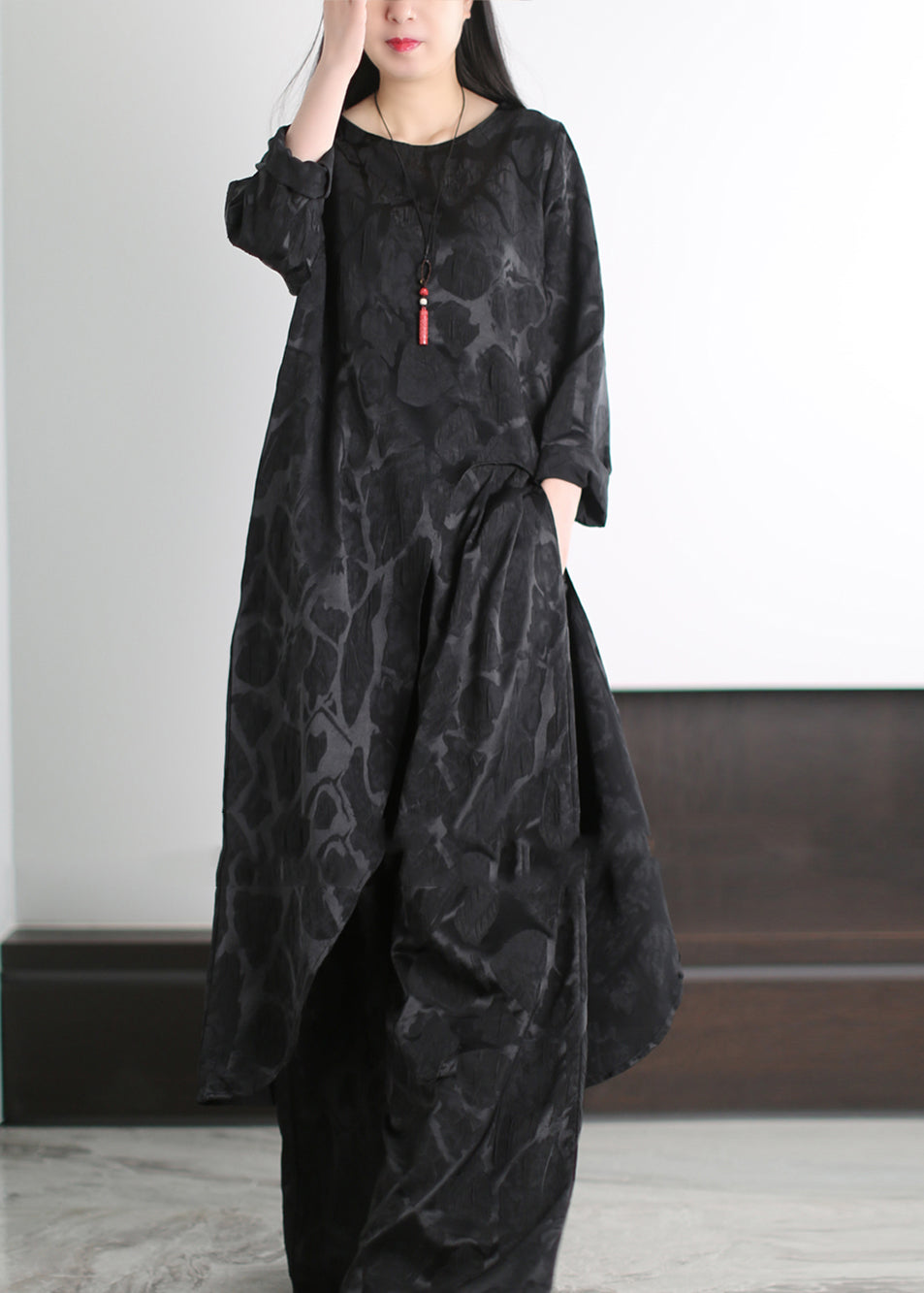 Diy Black Oversized Side Open Silk Two Pieces Set Spring