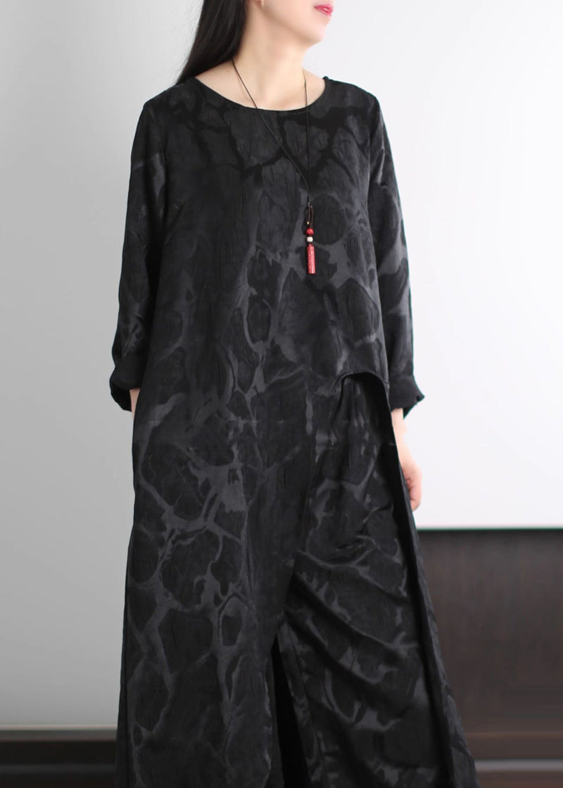 Diy Black Oversized Side Open Silk Two Pieces Set Spring