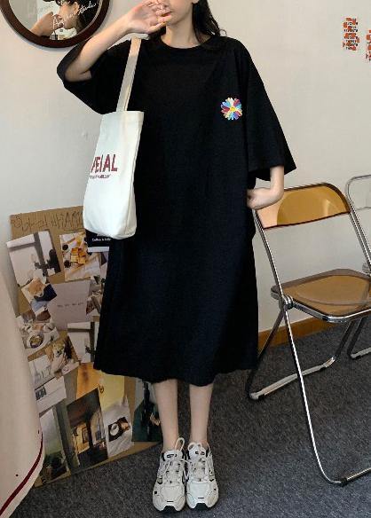 Diy Black Short Sleeve Cotton Sun Flower Summer Dresses