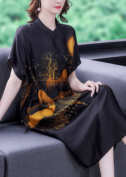 Diy Black Stand Collar Drawstring Print Silk Dresses Summer