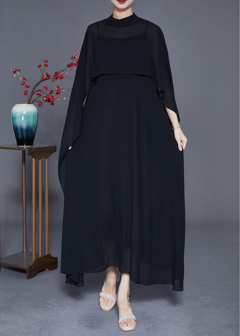 Diy Black Stand Collar Exra Large Hem Chiffon Dress Two Pieces Set Summer