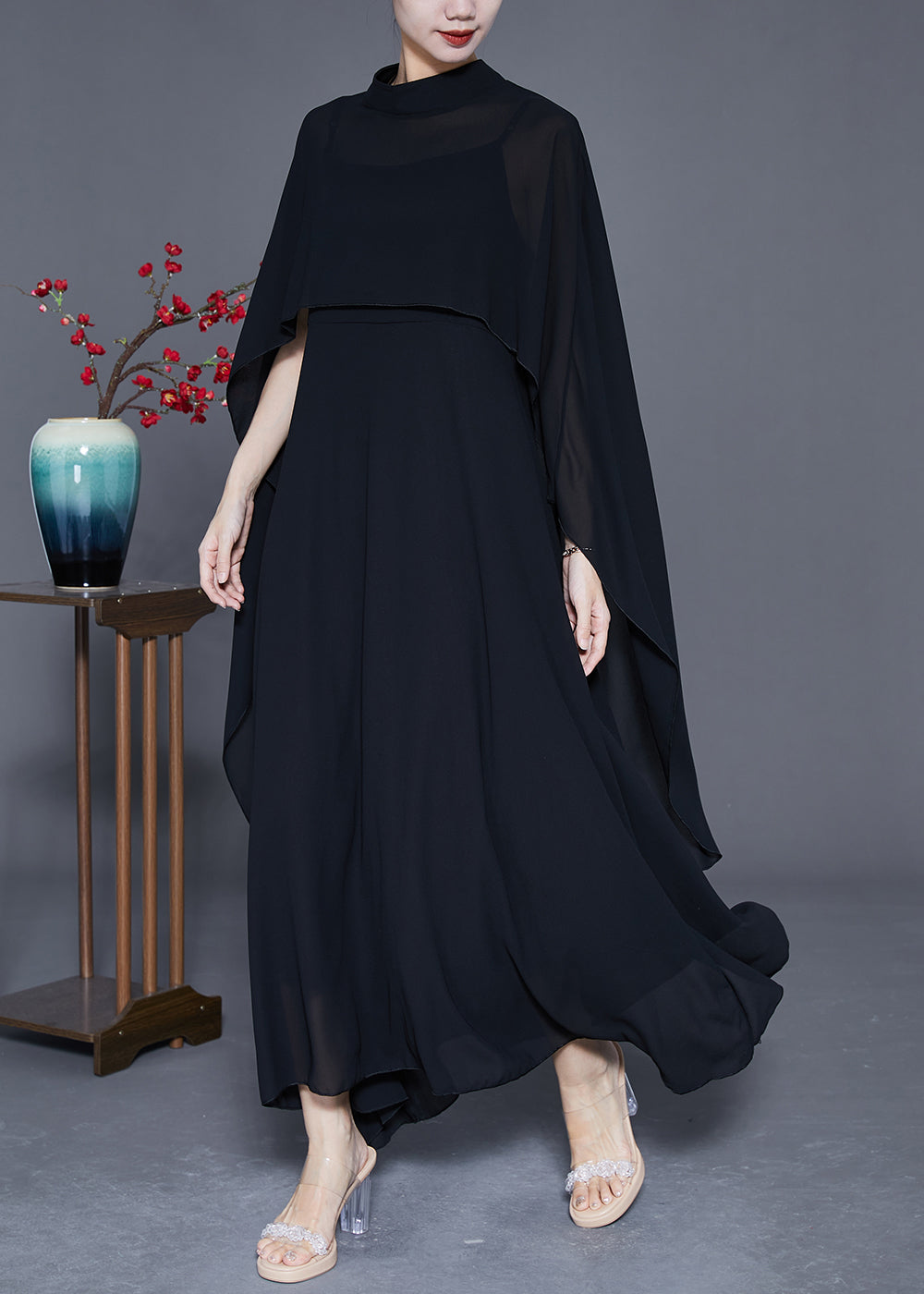 Diy Black Stand Collar Exra Large Hem Chiffon Dress Two Pieces Set Summer
