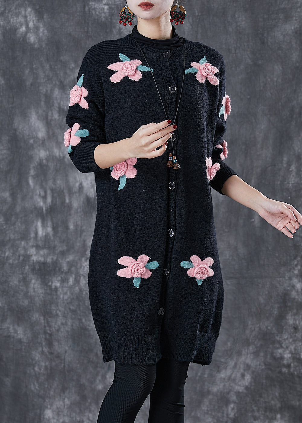 Diy Black Stereoscopic Knit Cardigan Spring