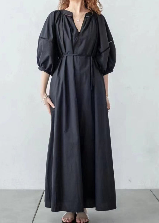 Diy Black V Neck Hollow Out Patchwork Cotton Dress Lantern Sleeve