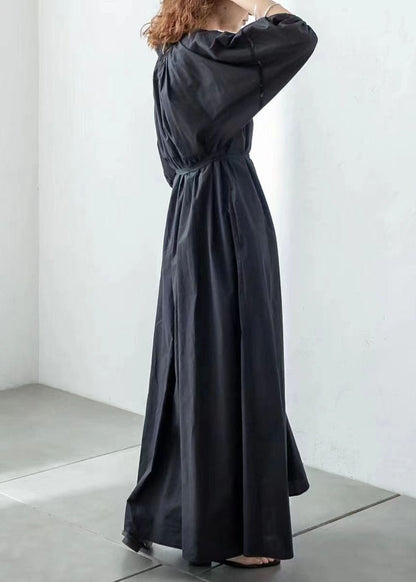 Diy Black V Neck Hollow Out Patchwork Cotton Dress Lantern Sleeve