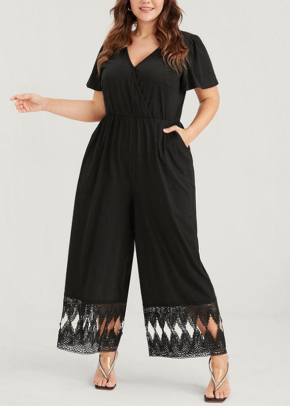 Diy Black V Neck Lace Patchwork Elastic Waist Knit Wide Leg Jumpsuit Short Sleeve