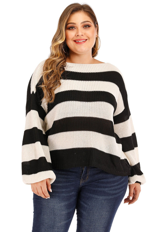 Diy Black White Striped Patchwork Knit Sweater Lantern Sleeve