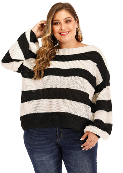 Diy Black White Striped Patchwork Knit Sweater Lantern Sleeve