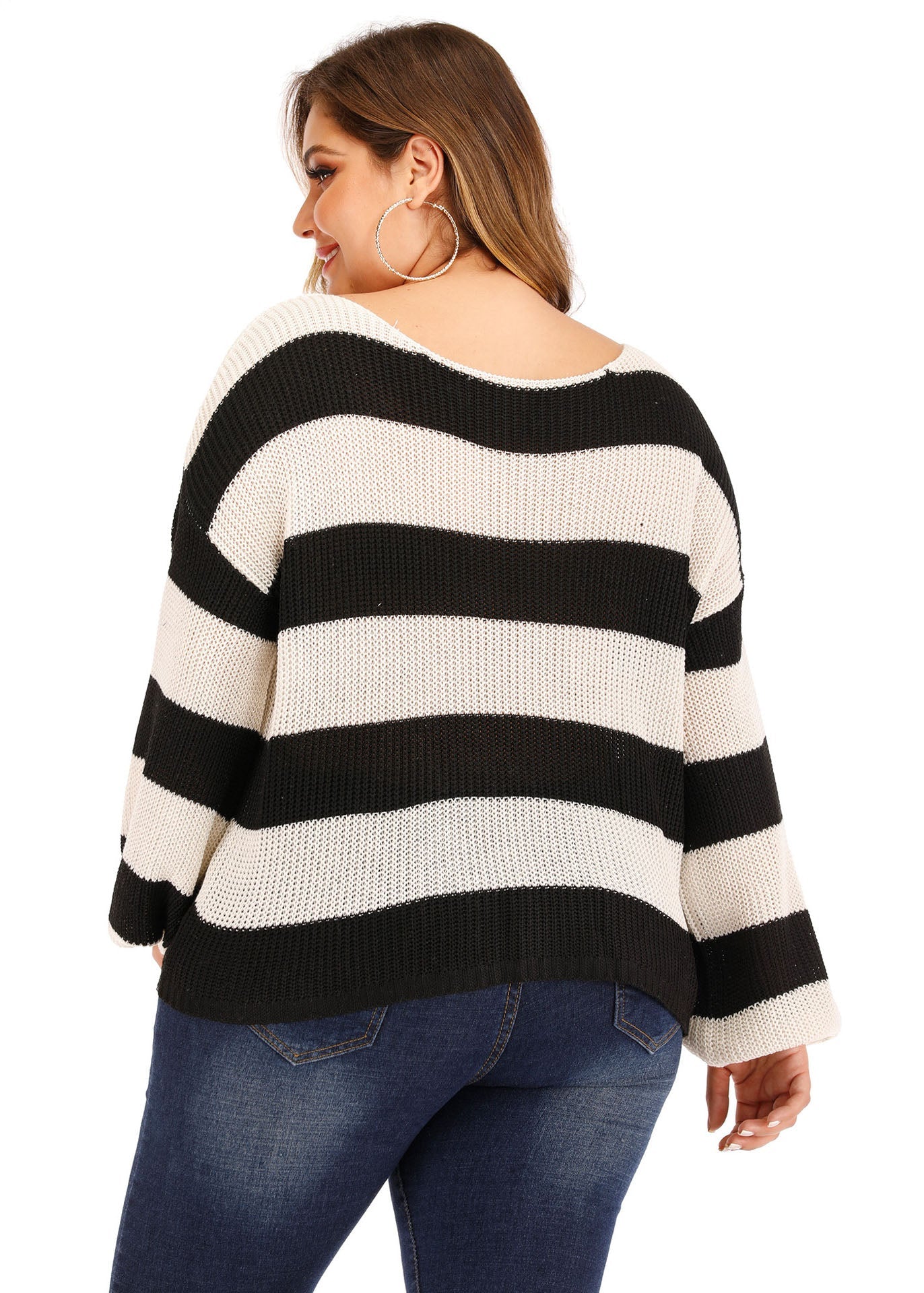 Diy Black White Striped Patchwork Knit Sweater Lantern Sleeve