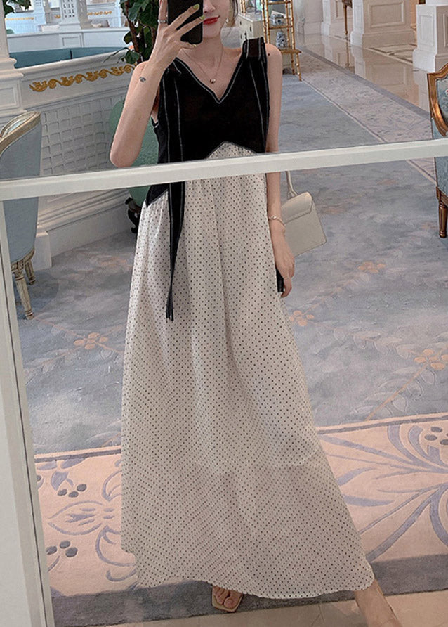Diy Black White V Neck Patchwork Dot Maxi Dresses Summer
