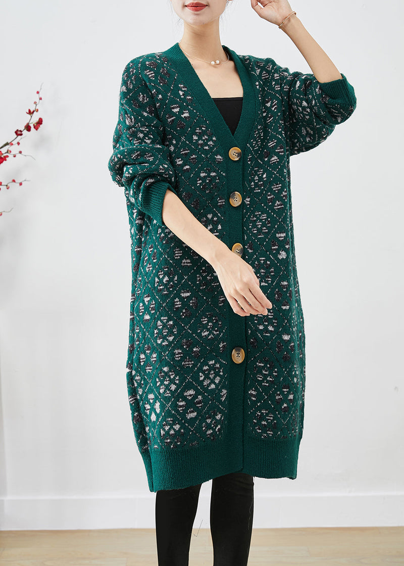 Diy Blackish Green Print Button Warm Knit Loose Coat Fall